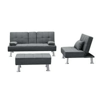 Модерен сгъваем разтегателен диван от плат С Поставки за чаши, подвижен подлакътник и метални крака, за Комплекти,сив