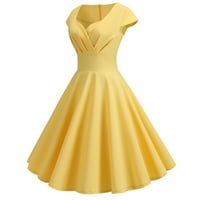 рокли на Wendunide за жените модни ежедневни V-v-veck късо ръкав твърд цвят на коляното рокля жълта