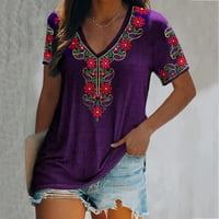 Женски лято V Врат Модна цветна щампа с къс ръкав тениска топ блуза лилаво xxl