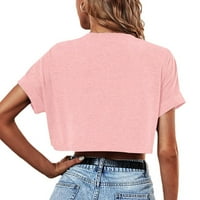 DeLou женски културен пъп джобна горна тениска с късо ръкав в шията на тениска плътно цвят небрежно разхлабена основна тениска
