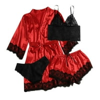 Miluxas Женски копринен сатен пижами комплект клирънс бельо флорална дантела ками за сън с роба червено 10